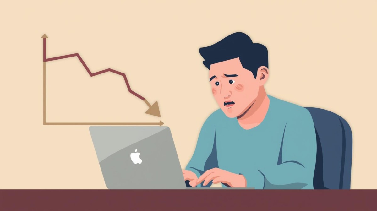 A man is working on his laptop at a desk. But he panics while looking at the screen. In the background, a downward-trending graph fades into view.