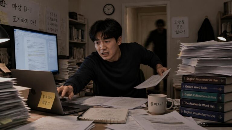 책상에 노트북과 큰 모니터가 있고, 영어 책과 많은 서류들이 쌓여 있다. 한국인 남성이 무엇인가에 쫓기듯이 계속 무언가를 하려고  한다